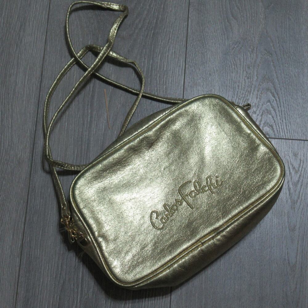 Carlos Falchi Crossbody Handbag S Gold Metalic Leather Camera Lined Zip Bag
